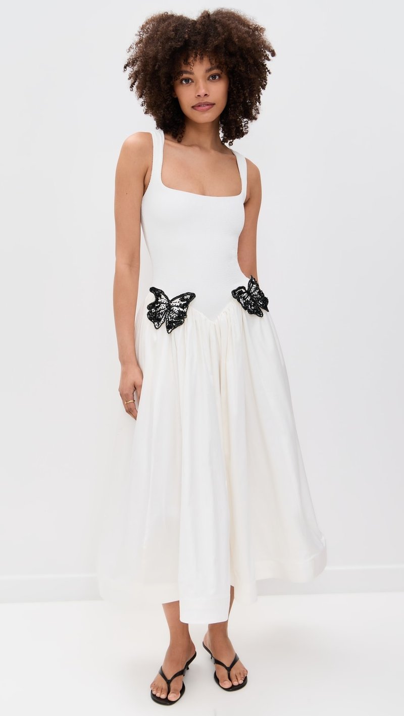 White Butterfly Applique Midi Dress H6831