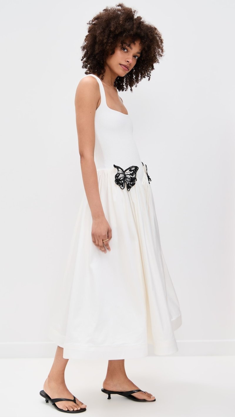 White Butterfly Applique Midi Dress H6831