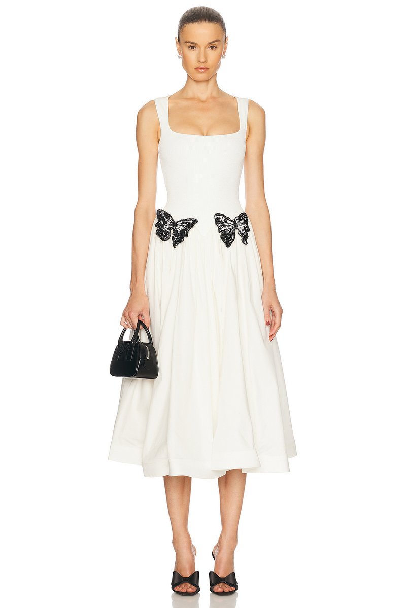 White Butterfly Applique Midi Dress H6831