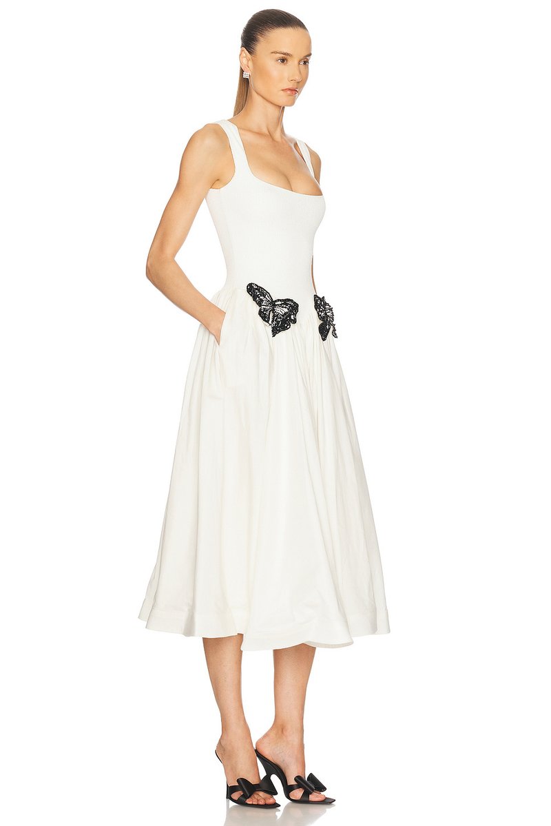 White Butterfly Applique Midi Dress H6831