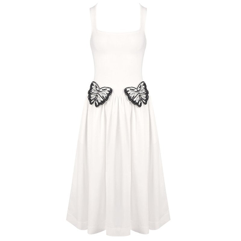 White Butterfly Applique Midi Dress H6831