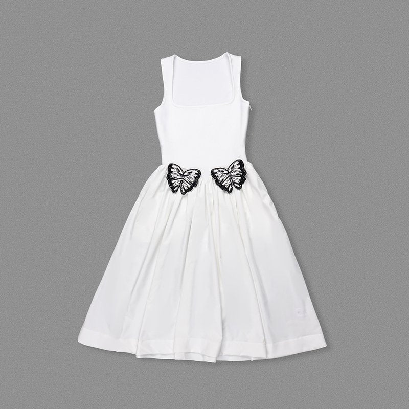 White Butterfly Applique Midi Dress H6831