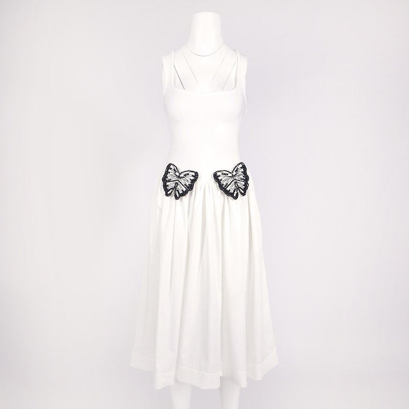 White Butterfly Applique Midi Dress H6831