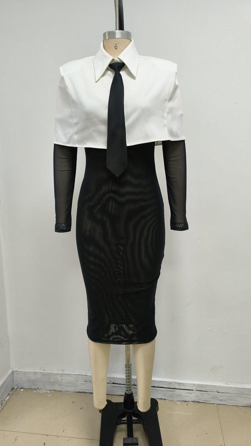 White Collar Tie Sheer Sleeve Dress H6862