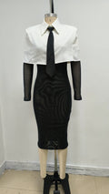 White Collar Tie Sheer Sleeve Dress H6862