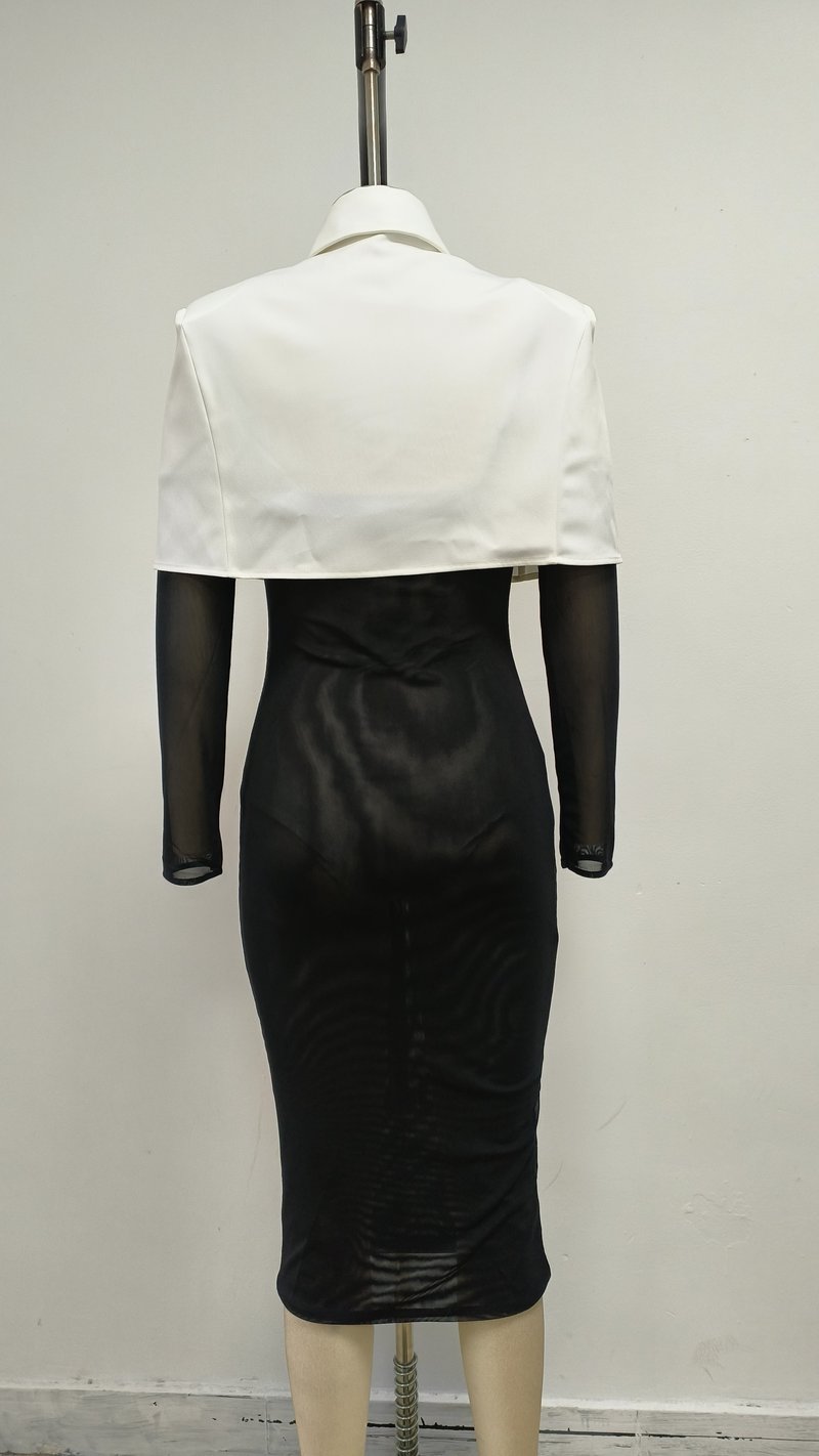 White Collar Tie Sheer Sleeve Dress H6862