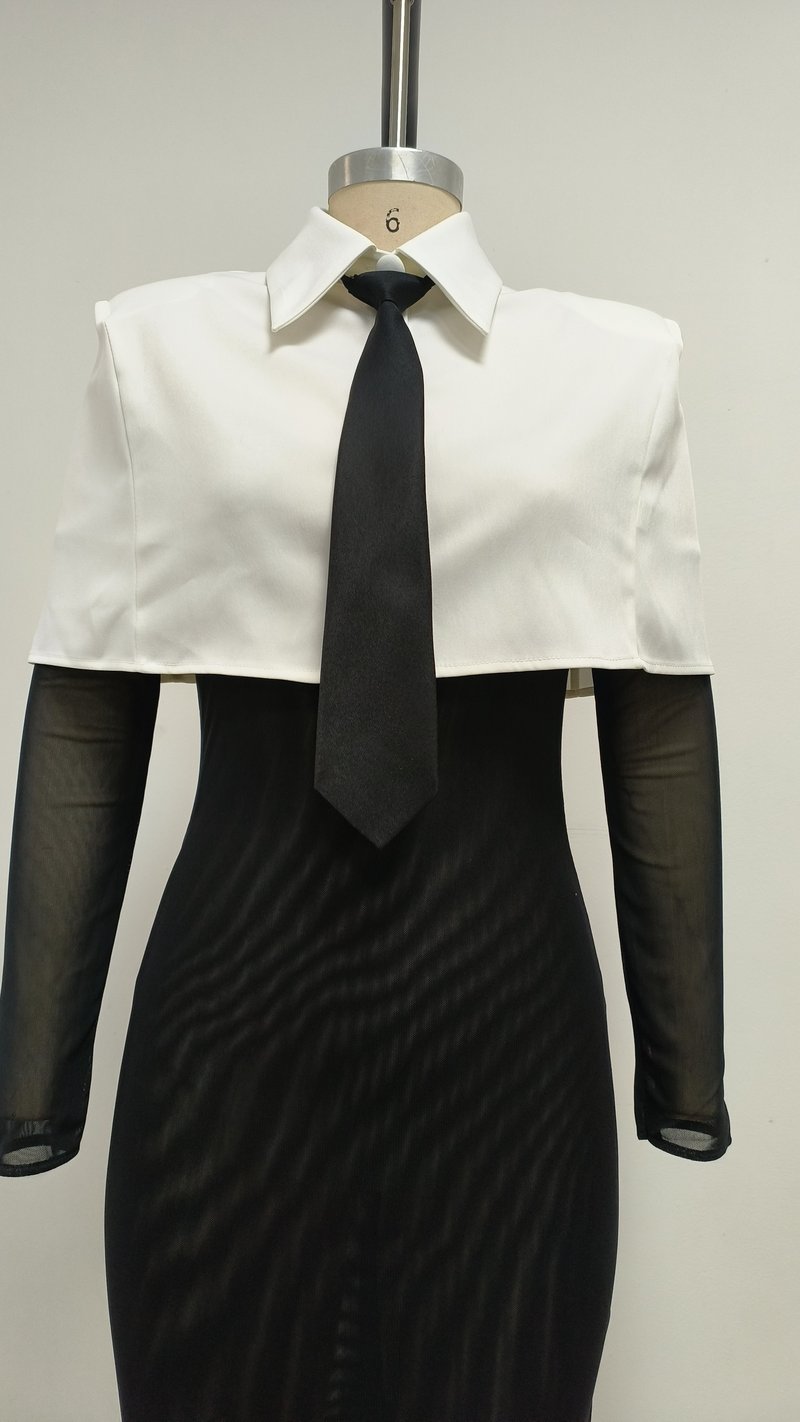 White Collar Tie Sheer Sleeve Dress H6862