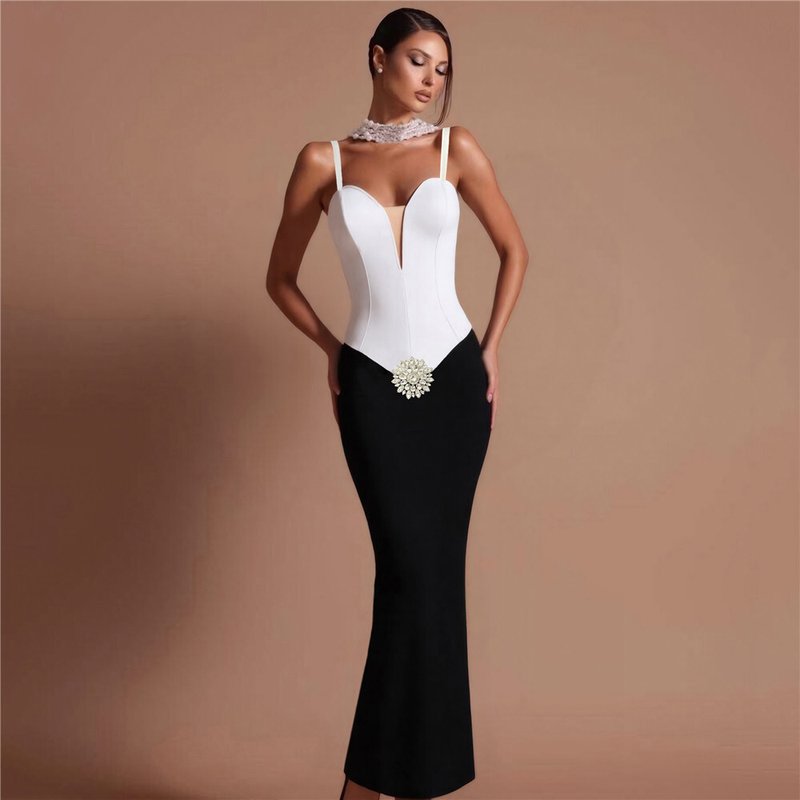 White Corset Black Mermaid Dress H6815