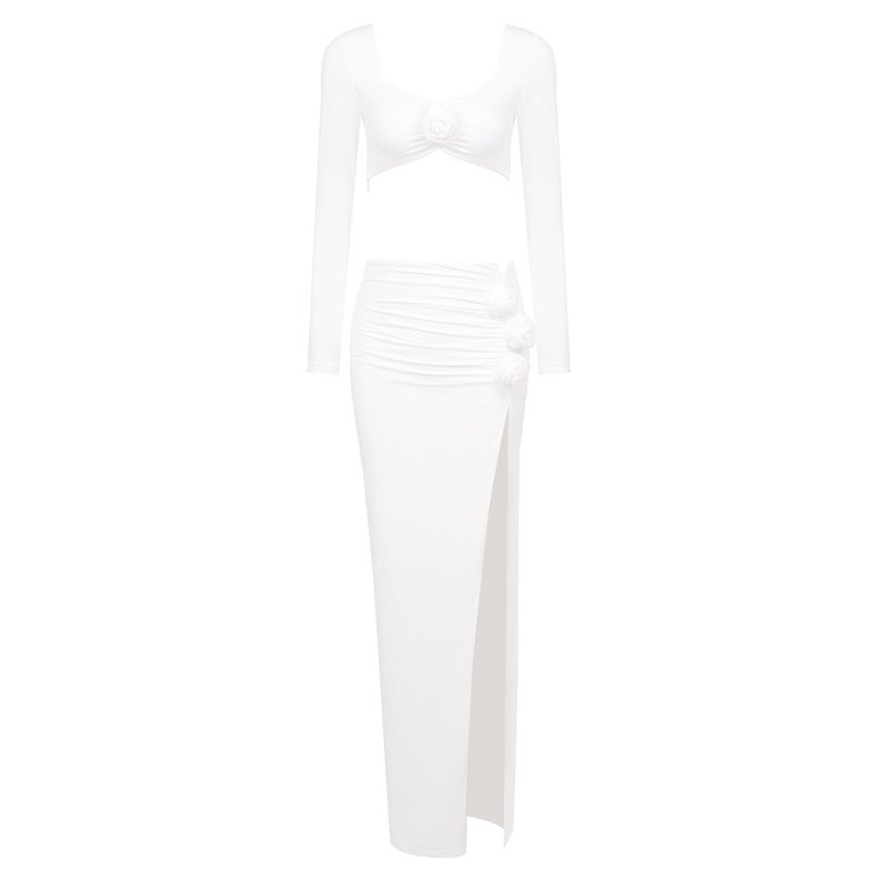 White Cropped Top & High-Slit Skirt Set H6211