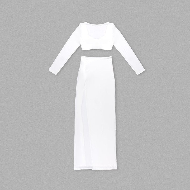 White Cropped Top & High-Slit Skirt Set H6211