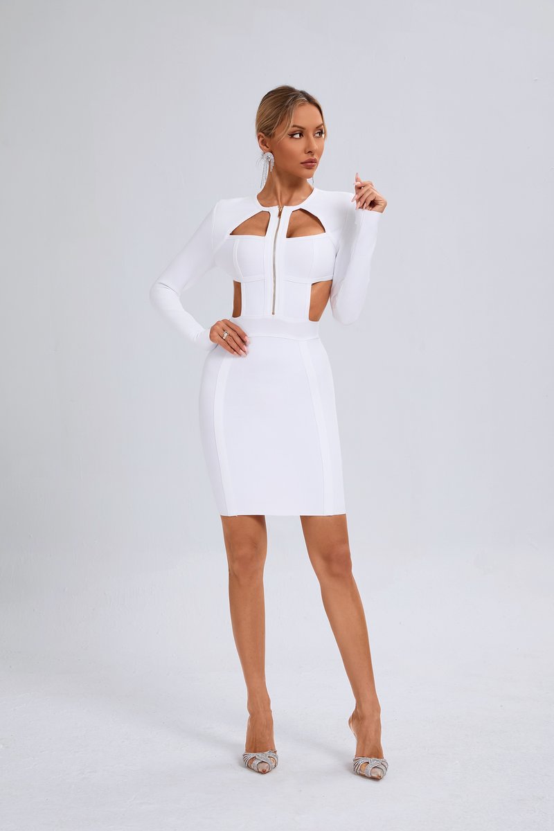 White Cutout Long Sleeve Bodycon Dress H6475
