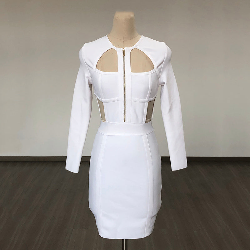 White Cutout Long Sleeve Bodycon Dress H6475