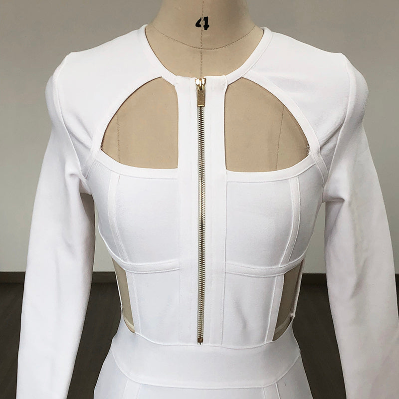 White Cutout Long Sleeve Bodycon Dress H6475