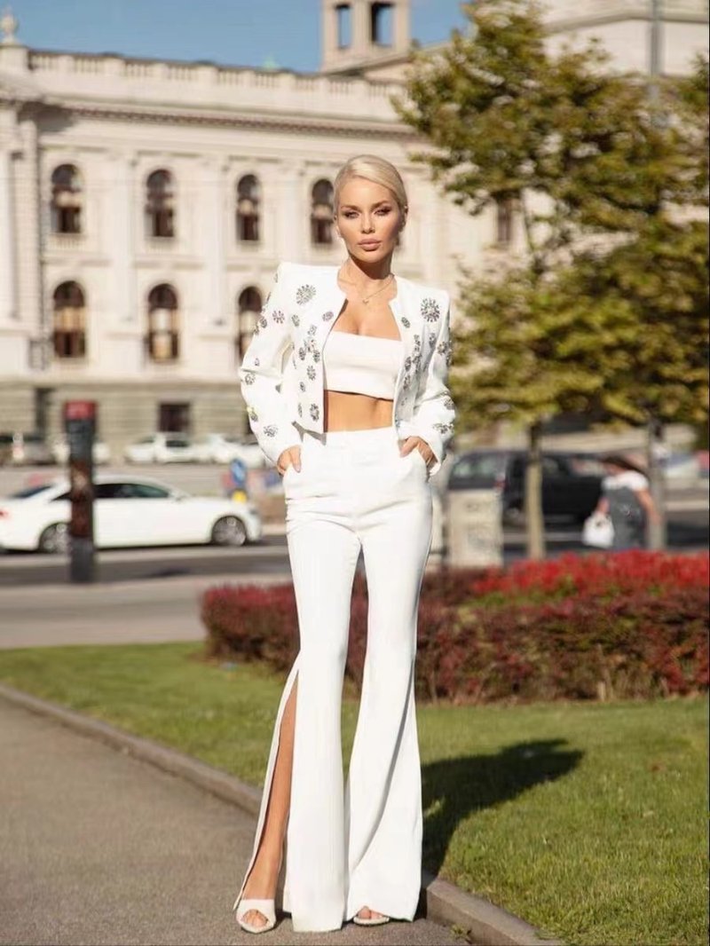 White Embellished Blazer Crop Top & Flared Pants Set H6223