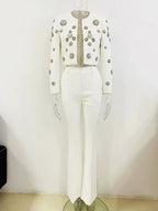 White Embellished Blazer Crop Top & Flared Pants Set H6223