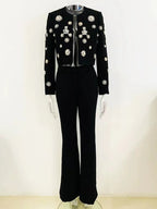 White Embellished Blazer Crop Top & Flared Pants Set H6223