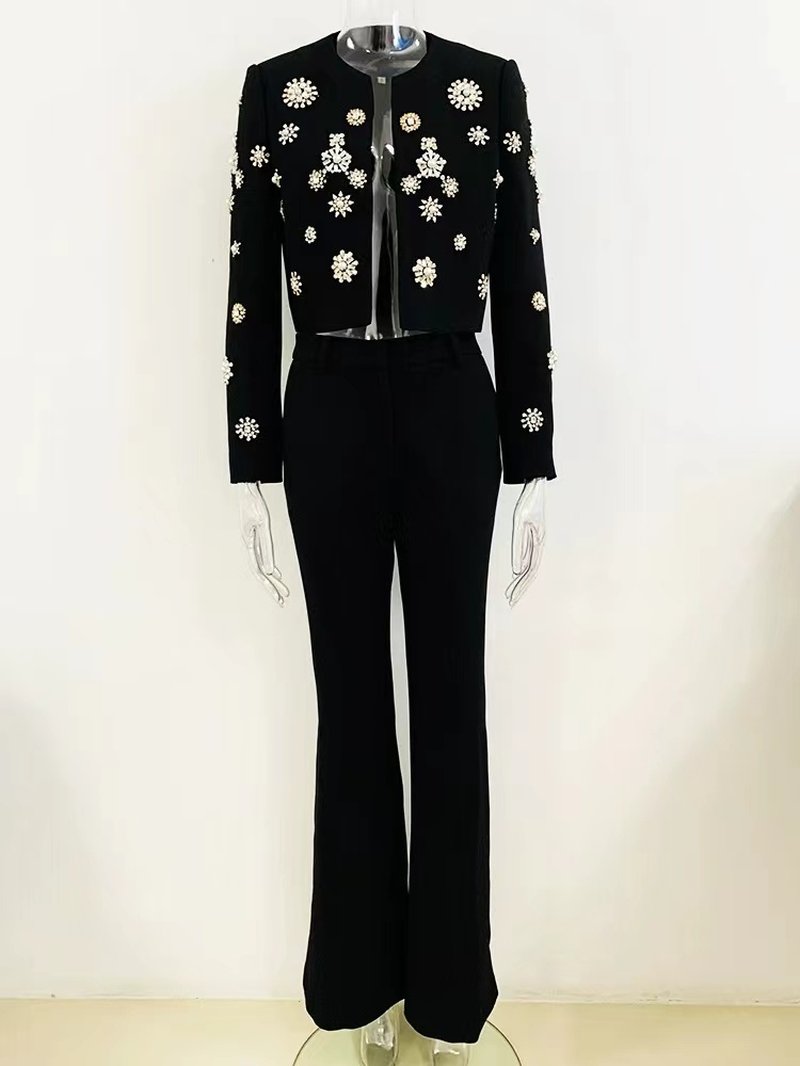 White Embellished Blazer Crop Top & Flared Pants Set H6223