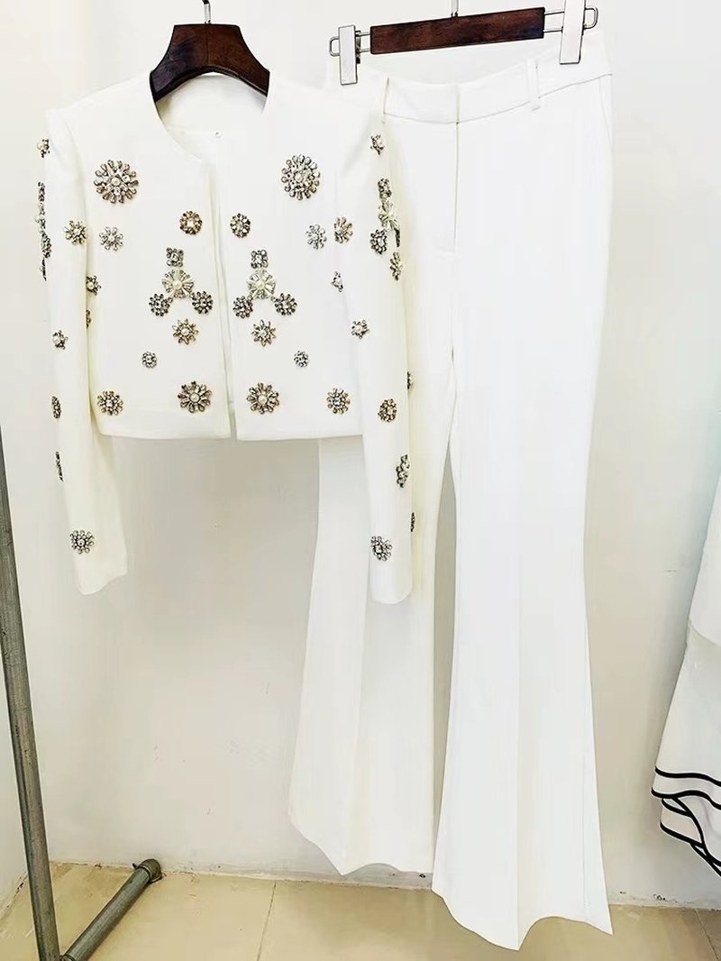 White Embellished Blazer Crop Top & Flared Pants Set H6223