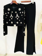 White Embellished Blazer Crop Top & Flared Pants Set H6223