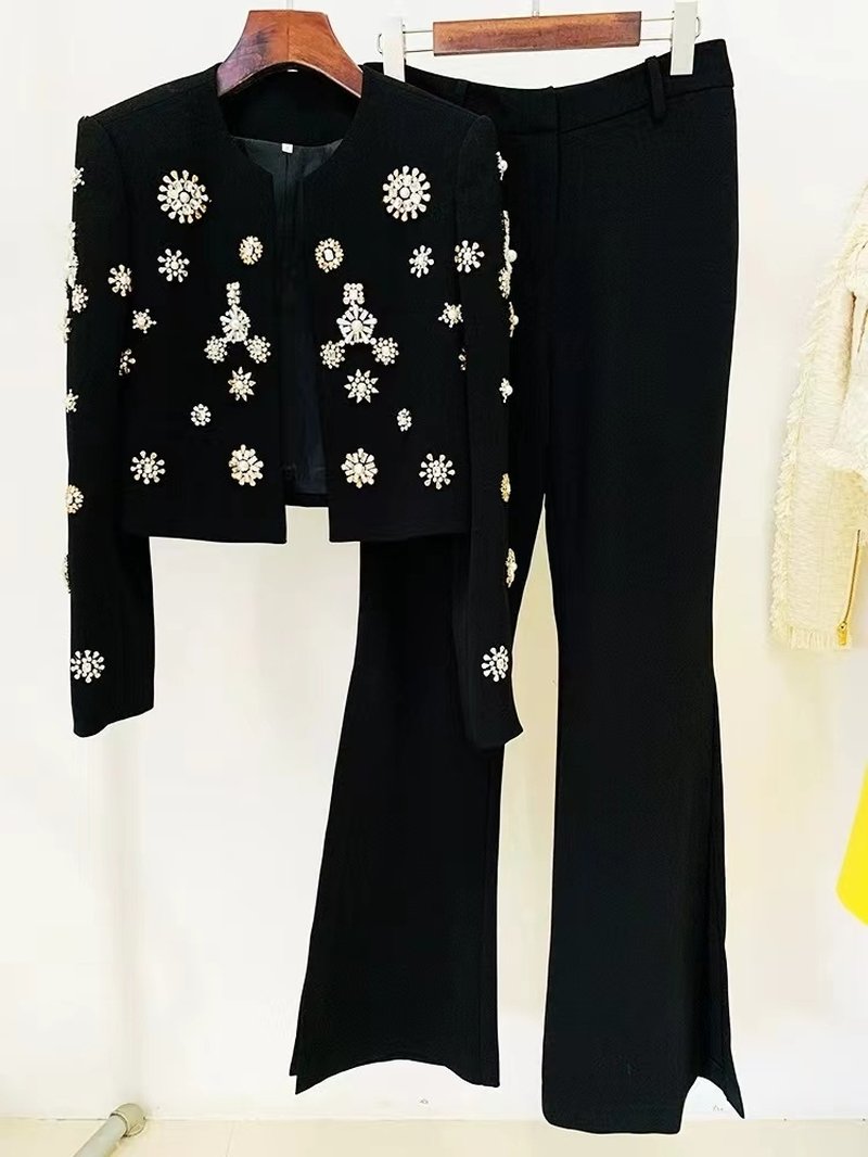 White Embellished Blazer Crop Top & Flared Pants Set H6223