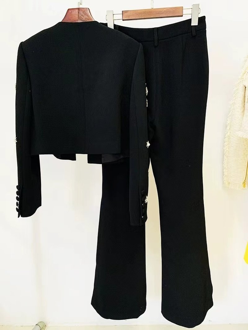 White Embellished Blazer Crop Top & Flared Pants Set H6223