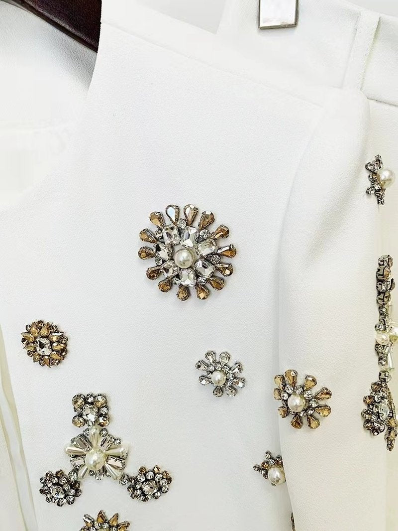White Embellished Blazer Crop Top & Flared Pants Set H6223