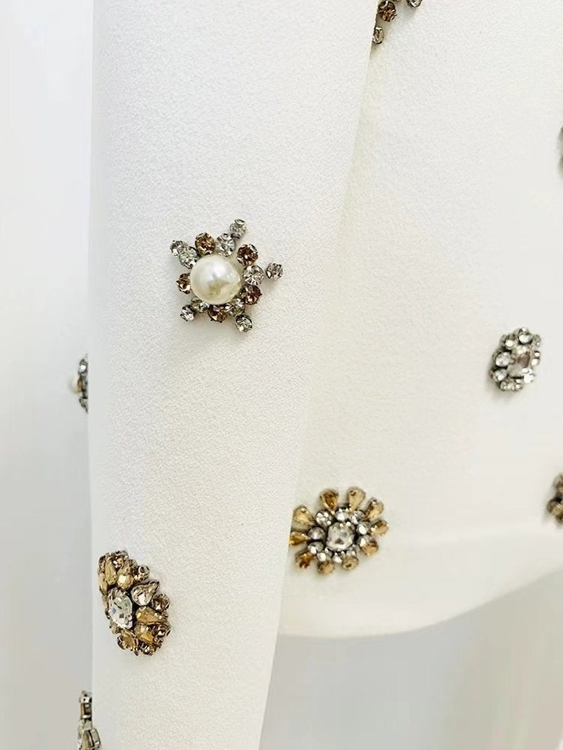 White Embellished Blazer Crop Top & Flared Pants Set H6223