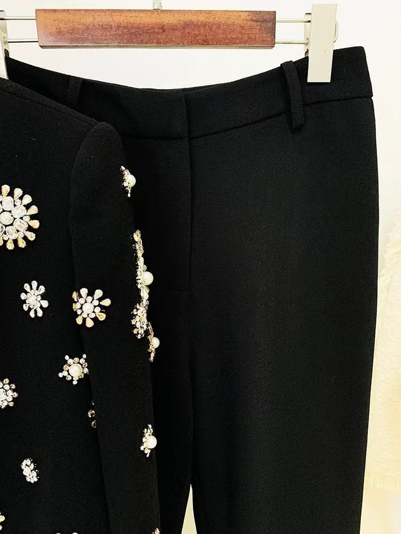 White Embellished Blazer Crop Top & Flared Pants Set H6223