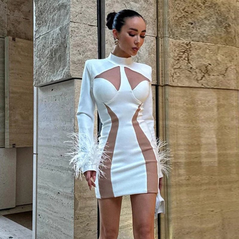 White Feather Sleeve Cutout Bodycon Dress H6020