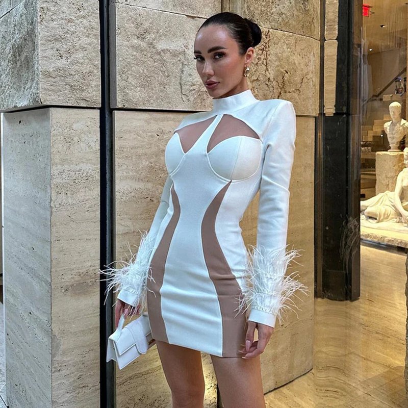 White Feather Sleeve Cutout Bodycon Dress H6020