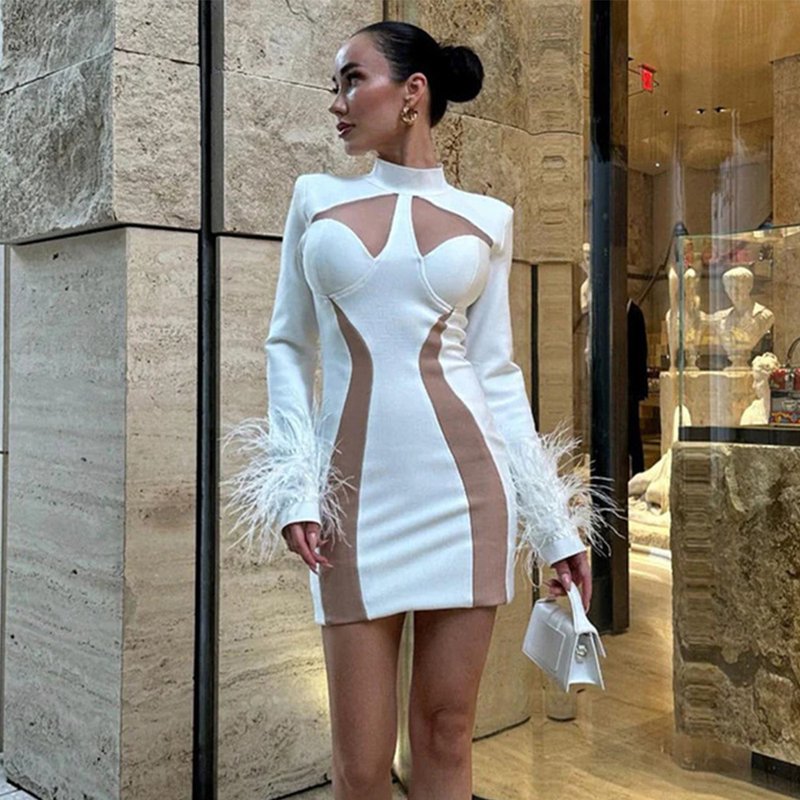 White Feather Sleeve Cutout Bodycon Dress H6020