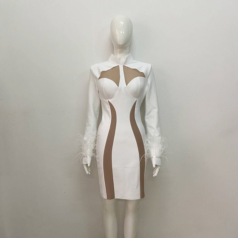 White Feather Sleeve Cutout Bodycon Dress H6020