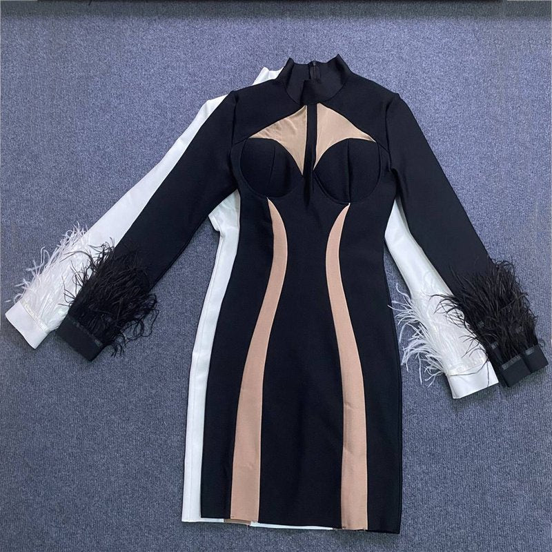 White Feather Sleeve Cutout Bodycon Dress H6020
