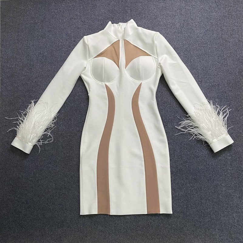 White Feather Sleeve Cutout Bodycon Dress H6020