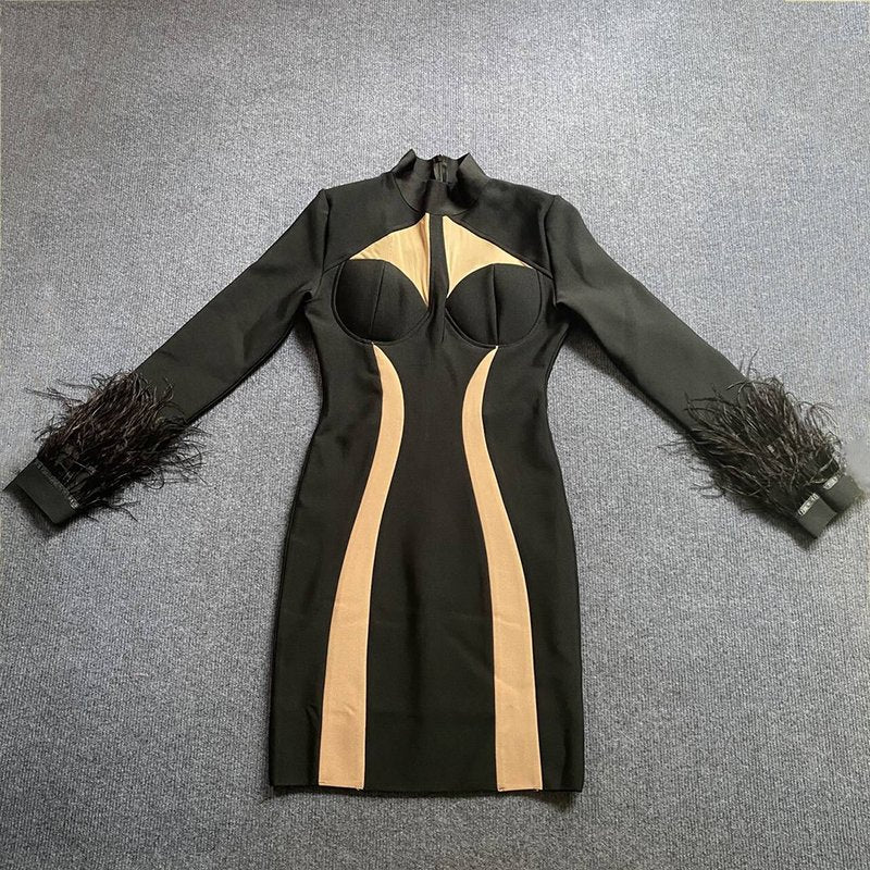 White Feather Sleeve Cutout Bodycon Dress H6020