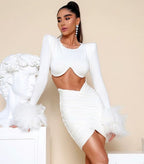 White Feather Sleeve Cutout Crop Top & Skirt Set H5813