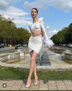 White Feather Sleeve Cutout Crop Top & Skirt Set H5813