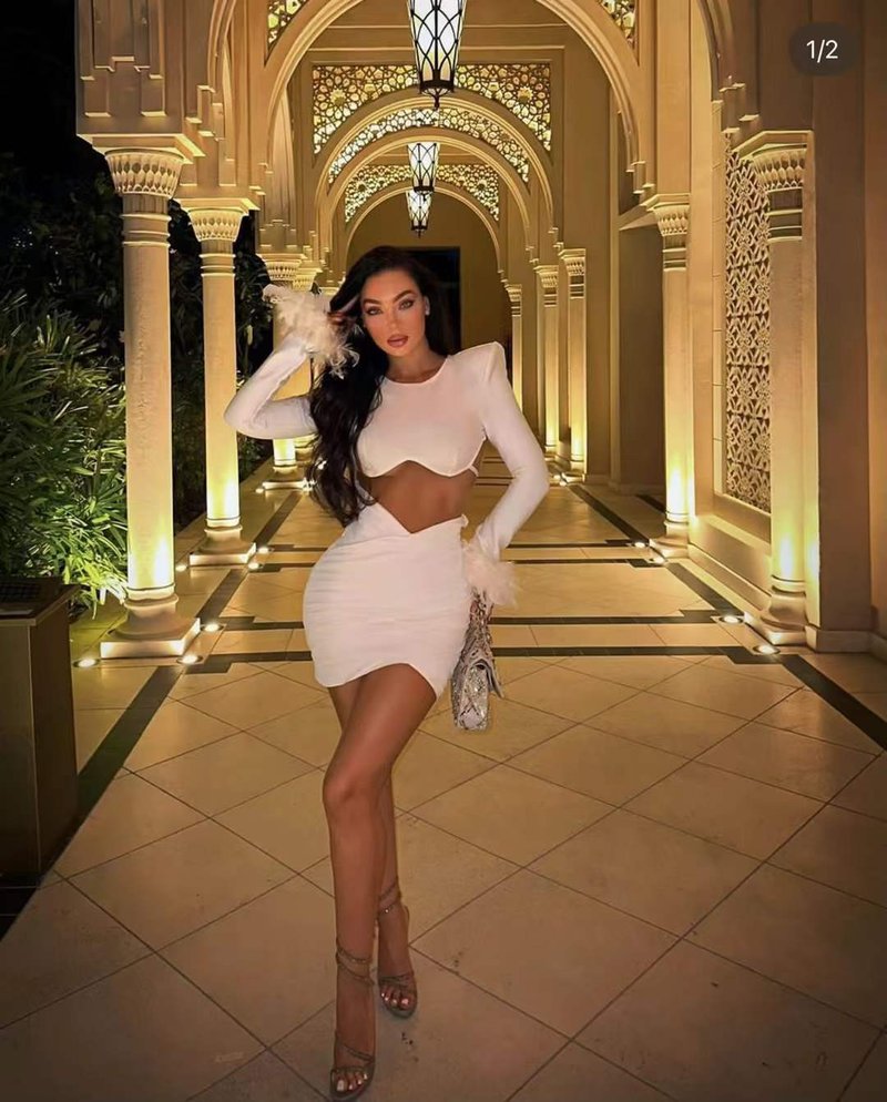 White Feather Sleeve Cutout Crop Top & Skirt Set H5813