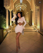 White Feather Sleeve Cutout Crop Top & Skirt Set H5813