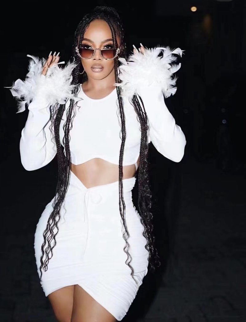 White Feather Sleeve Cutout Crop Top & Skirt Set H5813