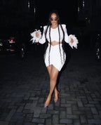 White Feather Sleeve Cutout Crop Top & Skirt Set H5813