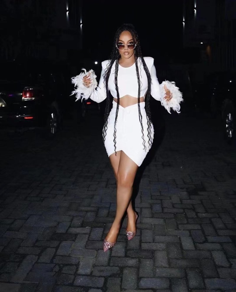 White Feather Sleeve Cutout Crop Top & Skirt Set H5813