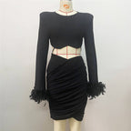 White Feather Sleeve Cutout Crop Top & Skirt Set H5813