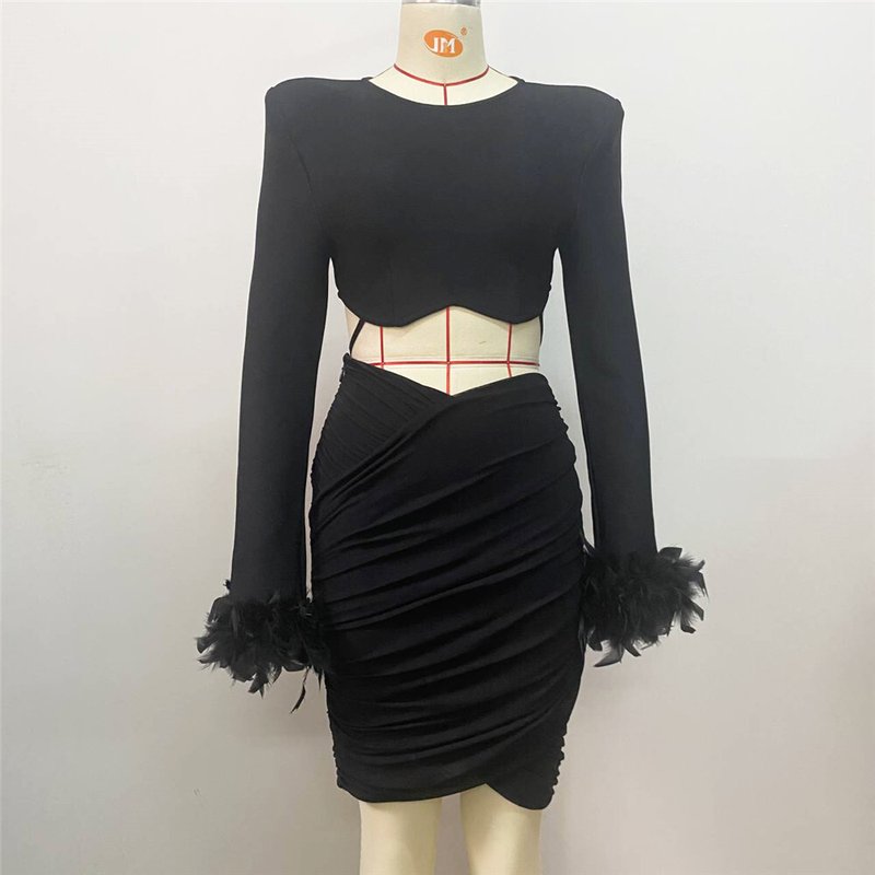 White Feather Sleeve Cutout Crop Top & Skirt Set H5813