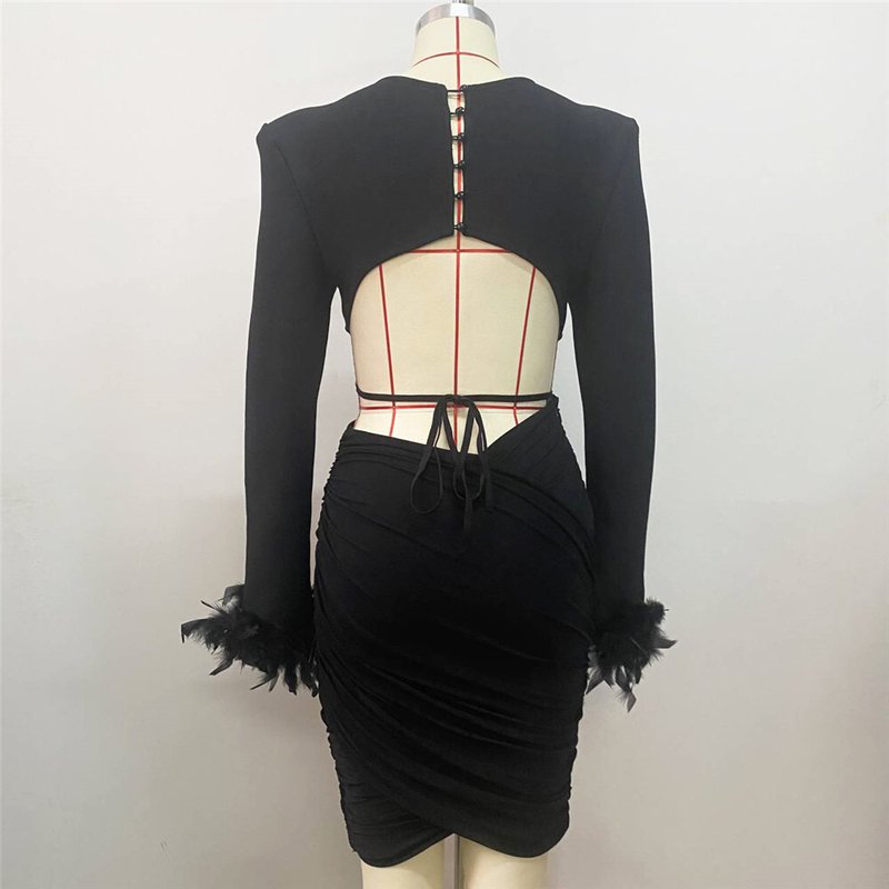 White Feather Sleeve Cutout Crop Top & Skirt Set H5813