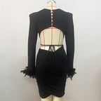 White Feather Sleeve Cutout Crop Top & Skirt Set H5813