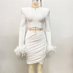 White Feather Sleeve Cutout Crop Top & Skirt Set H5813