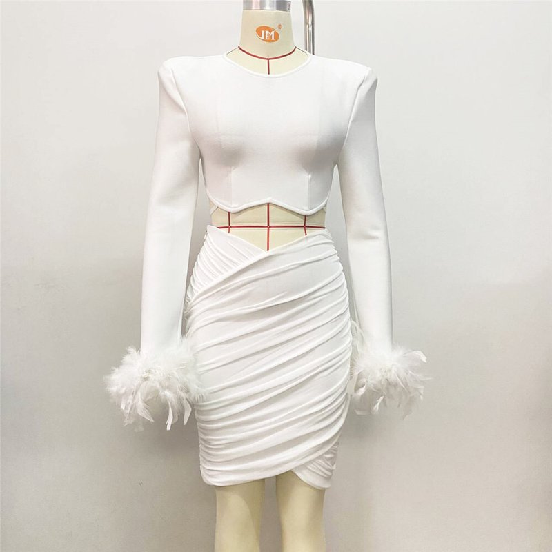 White Feather Sleeve Cutout Crop Top & Skirt Set H5813