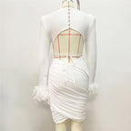 White Feather Sleeve Cutout Crop Top & Skirt Set H5813