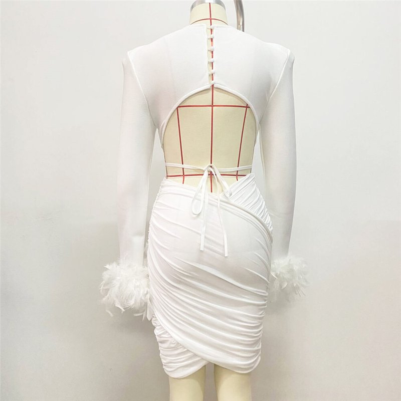White Feather Sleeve Cutout Crop Top & Skirt Set H5813